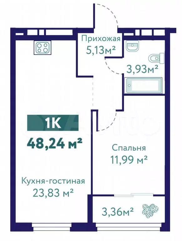 1-к. квартира, 48,2 м, 8/10 эт. - Фото 1