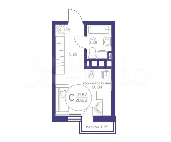 Квартира-студия, 19,6 м, 9/17 эт. - Фото 1