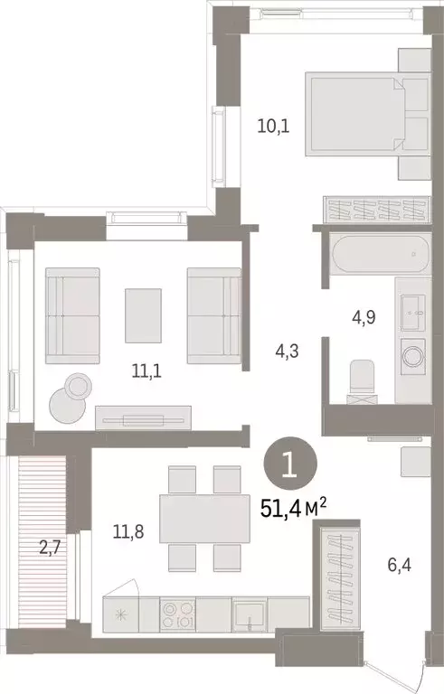 1-комнатная квартира: Тюмень, жилой комплекс Зарека (51.38 м) - Фото 1