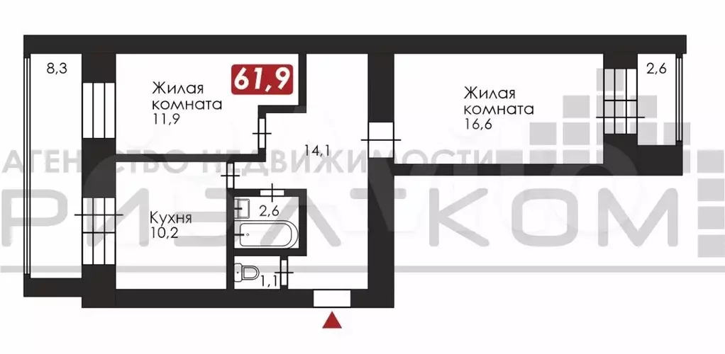 2-к. квартира, 61,9 м, 4/10 эт. - Фото 0