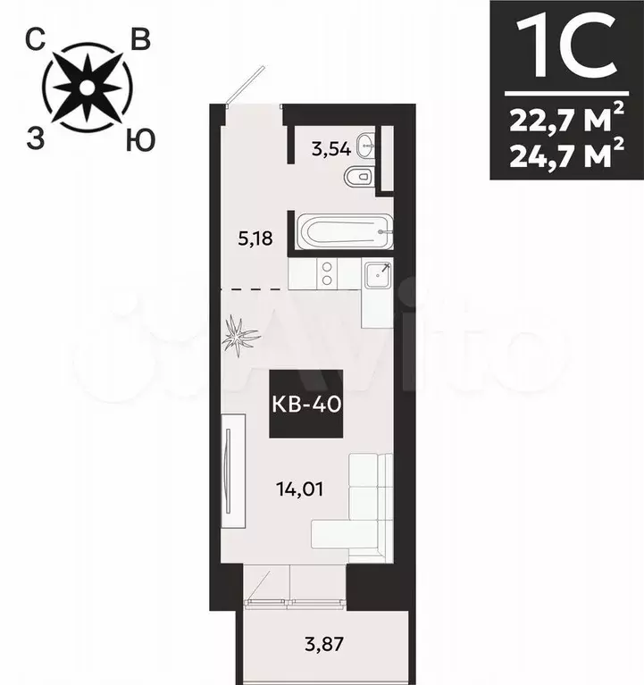 Квартира-студия, 24,7 м, 4/8 эт. - Фото 1