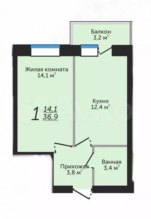 1-к. квартира, 36,9 м, 3/4 эт. - Фото 0