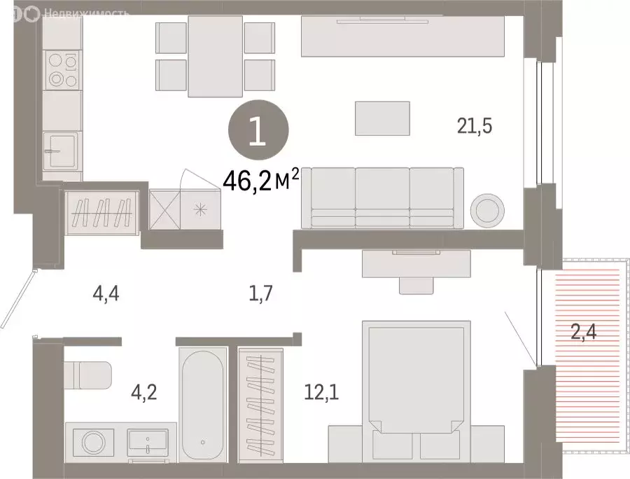1-комнатная квартира: Тюмень, Мысовская улица, 26к2 (46.19 м) - Фото 1