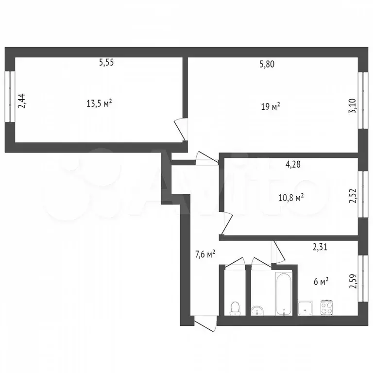 3-к. квартира, 59,5 м, 1/5 эт. - Фото 0
