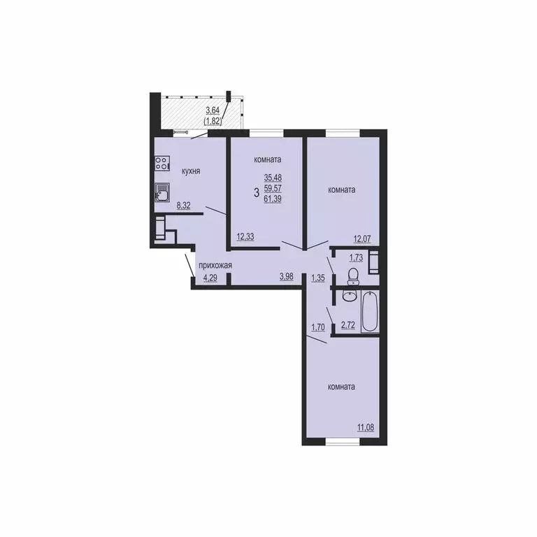 3-комнатная квартира: Западный, улица Дружбы, 6 (61.39 м) - Фото 1