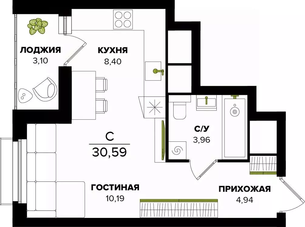 Студия Тульская область, Тула  (30.59 м) - Фото 0