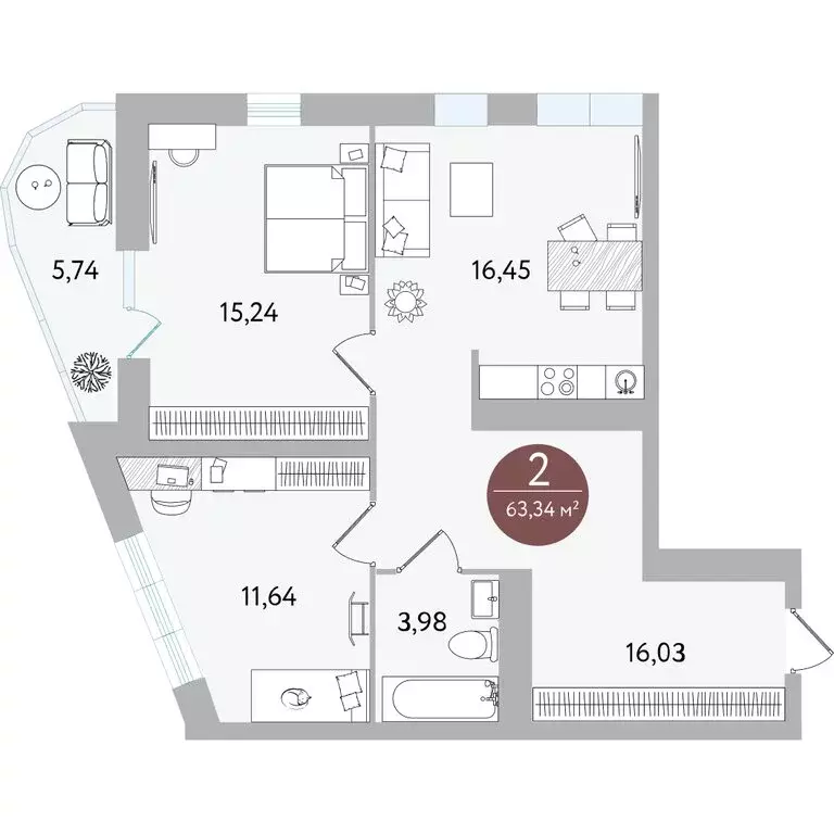 2-комнатная квартира: Тюмень, улица Николая Машарова, 8 (63.34 м) - Фото 0