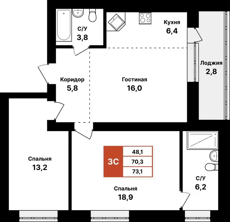 3-к кв. Башкортостан, Уфа Цветы Башкирии жилрайон,  (73.1 м) - Фото 1