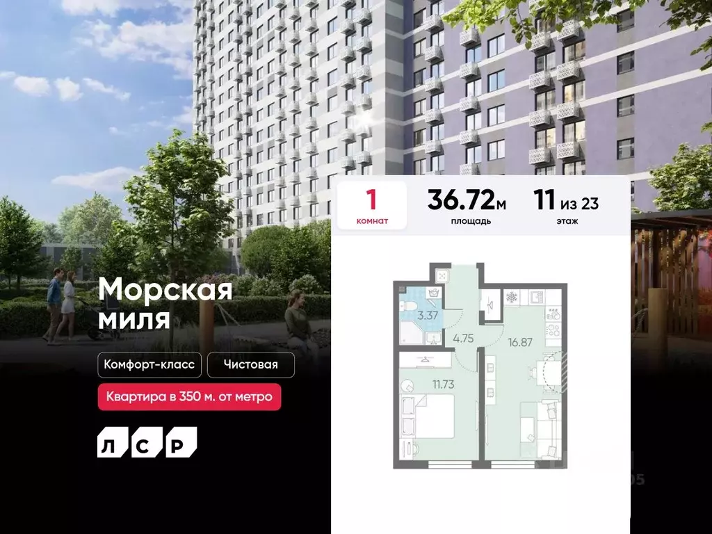 1-к кв. Санкт-Петербург Морская миля жилой комплекс (36.72 м) - Фото 0