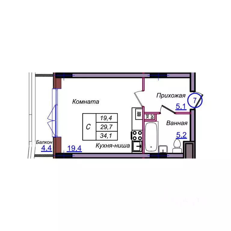 Студия Калининградская область, Светлогорск Балтийская ул. (34.1 м) - Фото 1