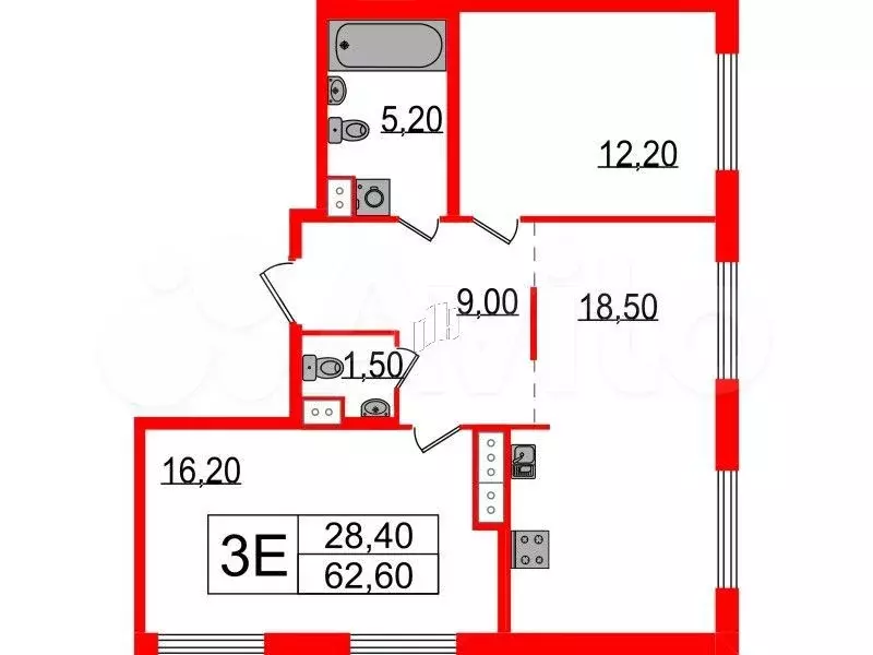 2-к. квартира, 62,6 м, 6/15 эт. - Фото 0