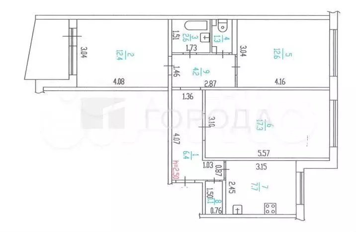 3-к. квартира, 65,6 м, 1/9 эт. - Фото 0