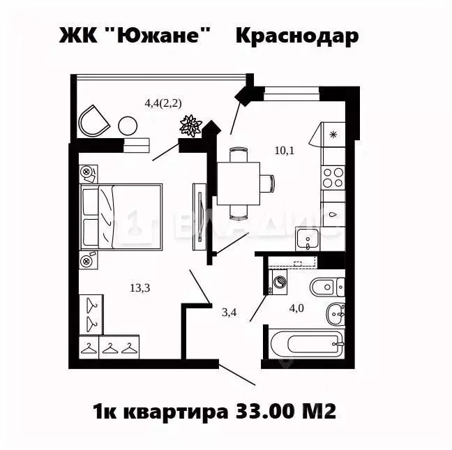 1-к кв. Краснодарский край, Краснодар ул. Даниила Смоляна, 65к1 (33.0 ... - Фото 0