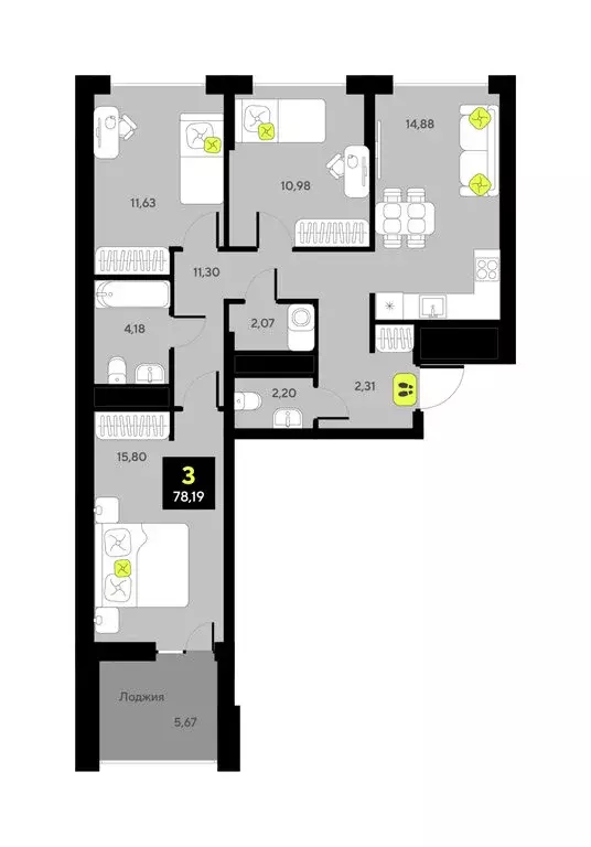 3-комнатная квартира: Тюмень, улица Андрея Приказнова, 1 (74.1 м) - Фото 1