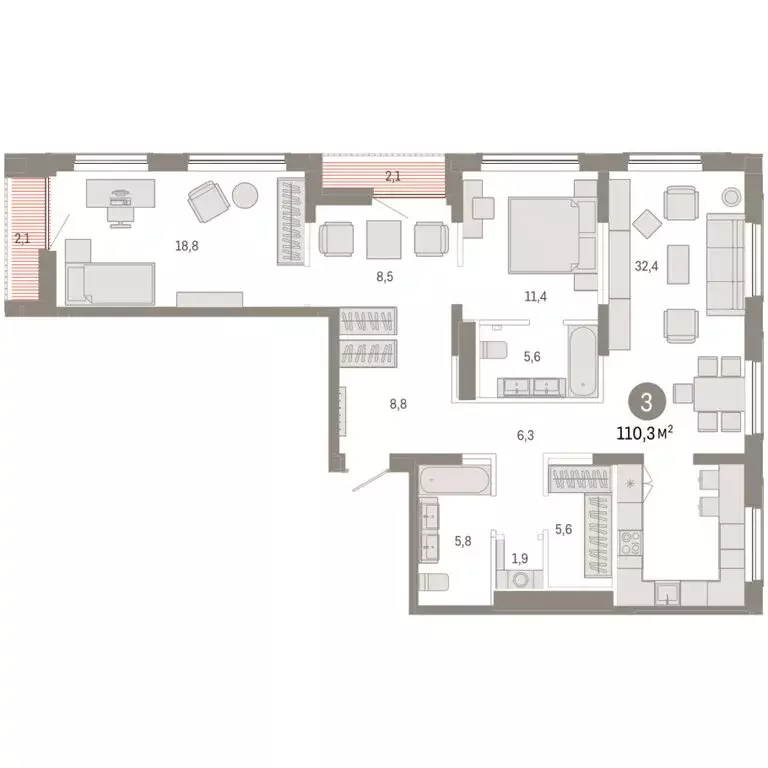 3-комнатная квартира: Тюмень, микрорайон ДОК, ЖК Октябрьский на Туре ... - Фото 2