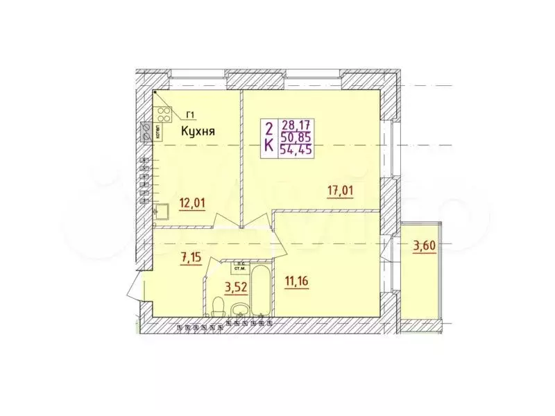 2-к. квартира, 54,5 м, 6/6 эт. - Фото 0