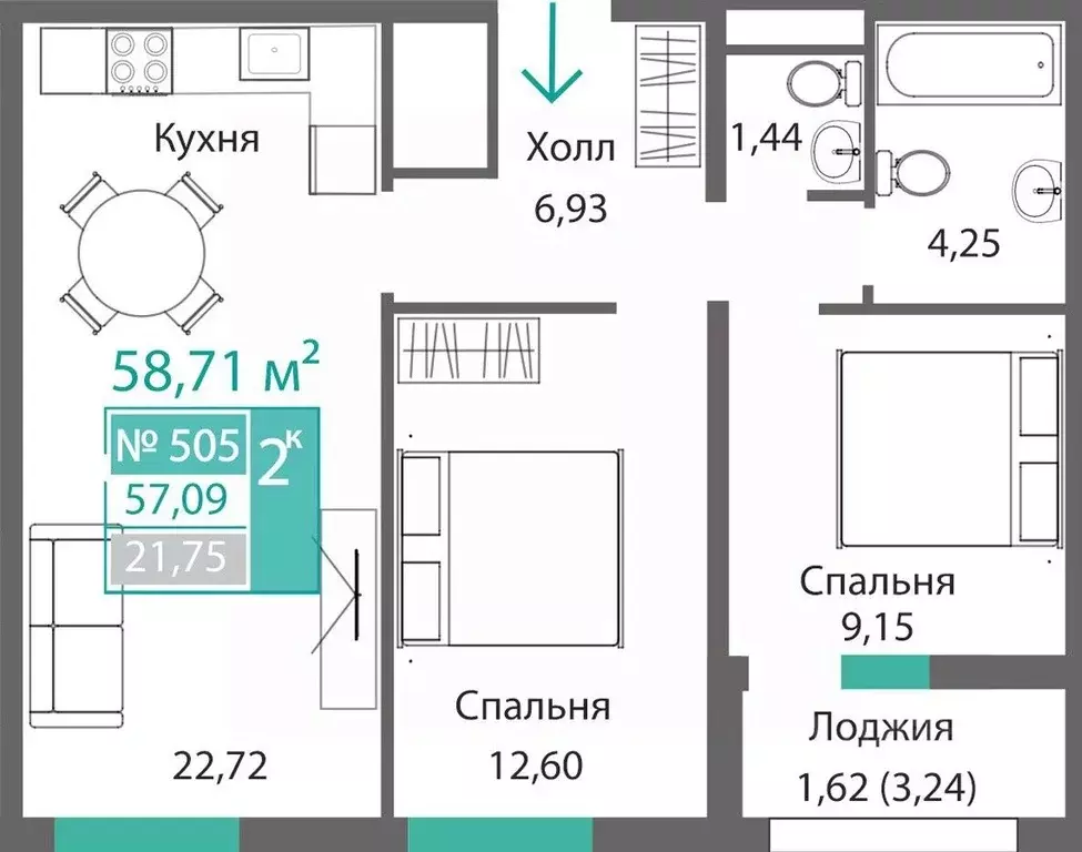2-к кв. Крым, Симферополь Крымская роза мкр,  (58.71 м) - Фото 0