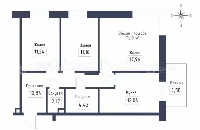 3-комнатная квартира: Казань, улица Гаврилова, 5Вк2 (71.2 м) - Фото 0