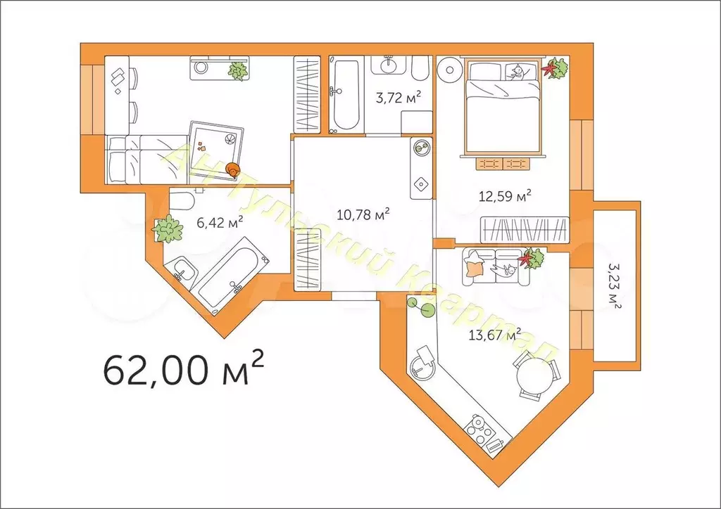 2-к. квартира, 62 м, 1/5 эт. - Фото 1