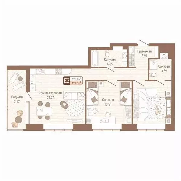2-к кв. Тульская область, Тула Кулик жилой комплекс (66.29 м) - Фото 0