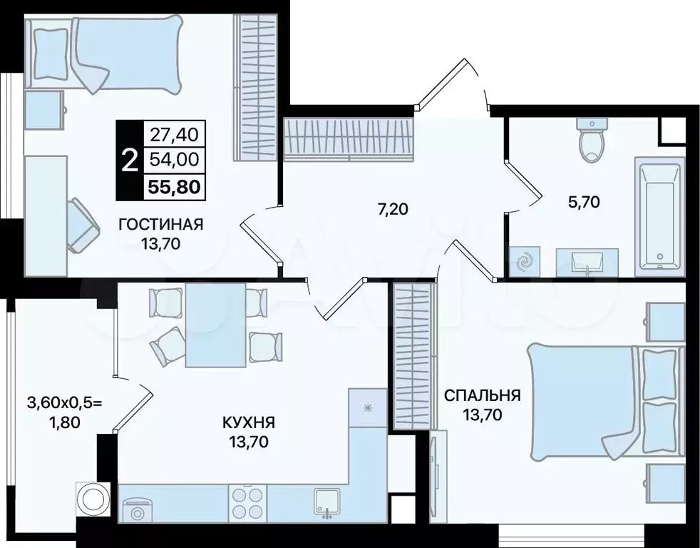 2-к. квартира, 55,8 м, 2/18 эт. - Фото 0