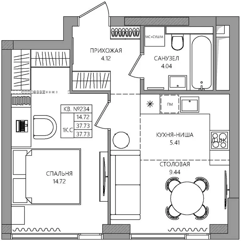 1-комнатная квартира: Пермь, улица Пушкина, 102 (37.73 м) - Фото 1