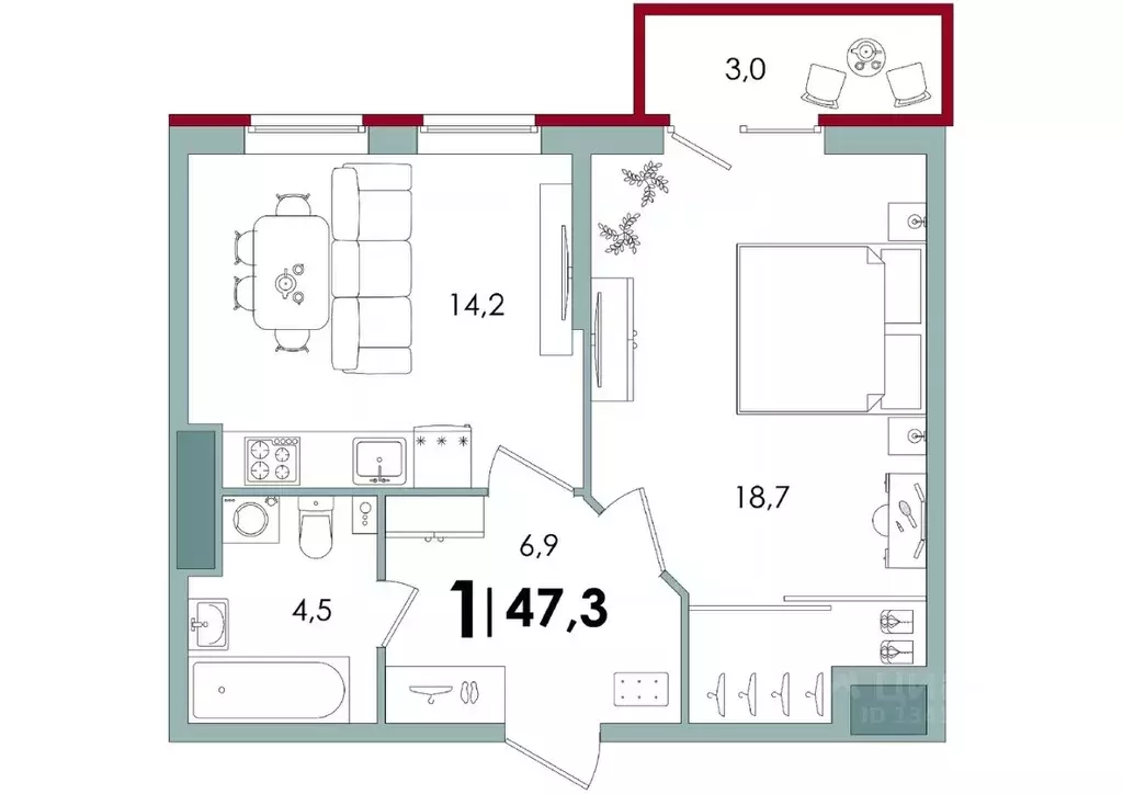 1-к кв. Тверская область, Тверь Южный жилой комплекс (47.3 м) - Фото 1