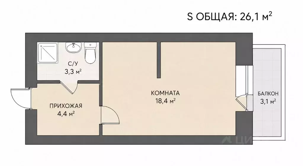 Студия Санкт-Петербург Ленинский просп., 84к1 (26.1 м) - Фото 2