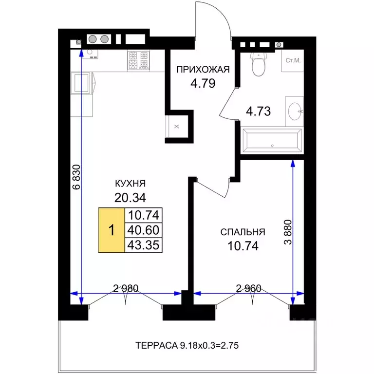 1-к кв. Калининградская область, Гурьевск Включи жилой комплекс (43.35 ... - Фото 0