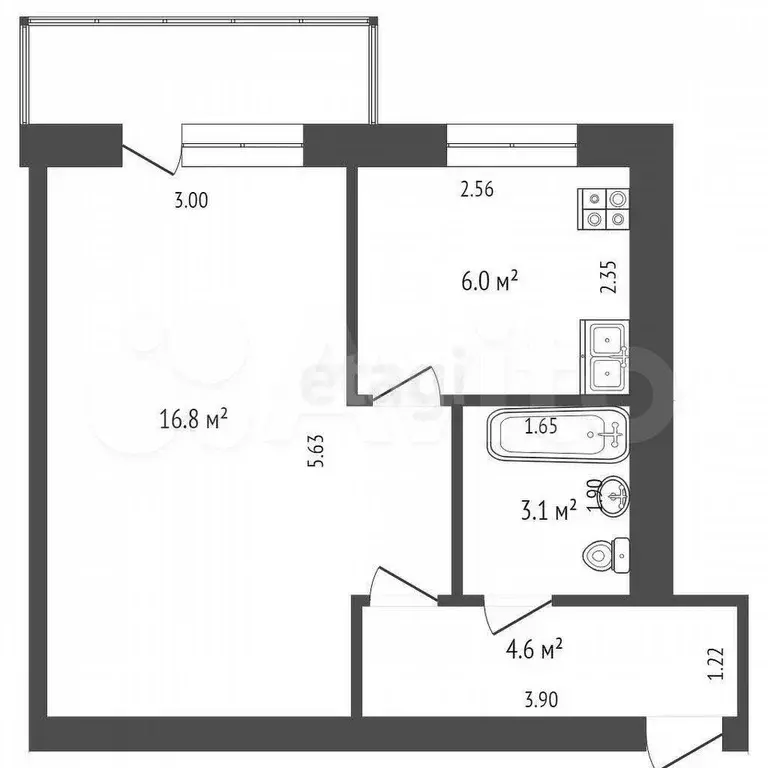1-к. квартира, 32,6 м, 4/5 эт. - Фото 0