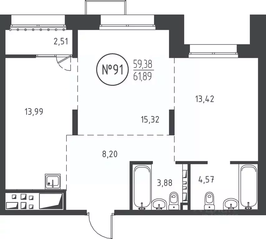 2-к кв. Иркутская область, Иркутск ул. Эдуарда Дьяконова, 11 (61.89 м) - Фото 0