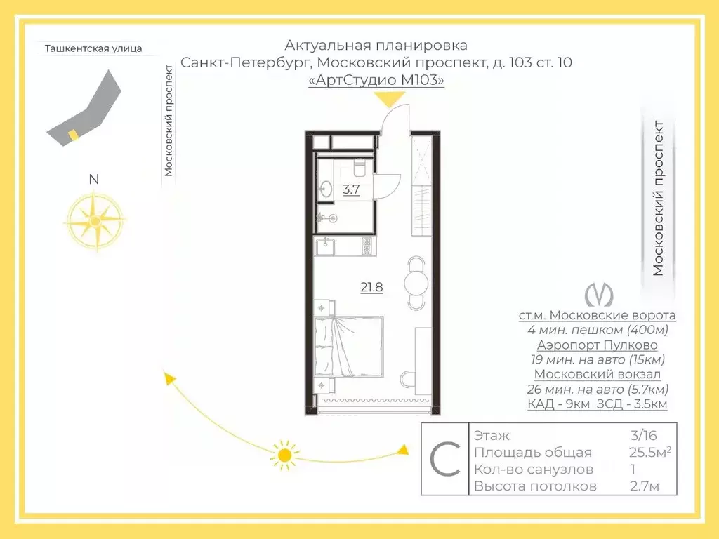 Студия Санкт-Петербург Ташкентская ул., 6к2 (25.5 м) - Фото 1