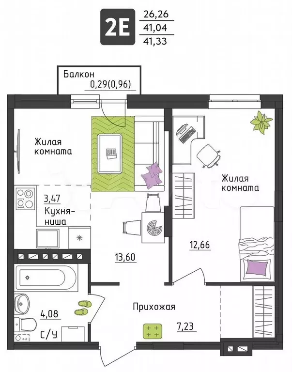 2-к. квартира, 41,3 м, 1/4 эт. - Фото 0