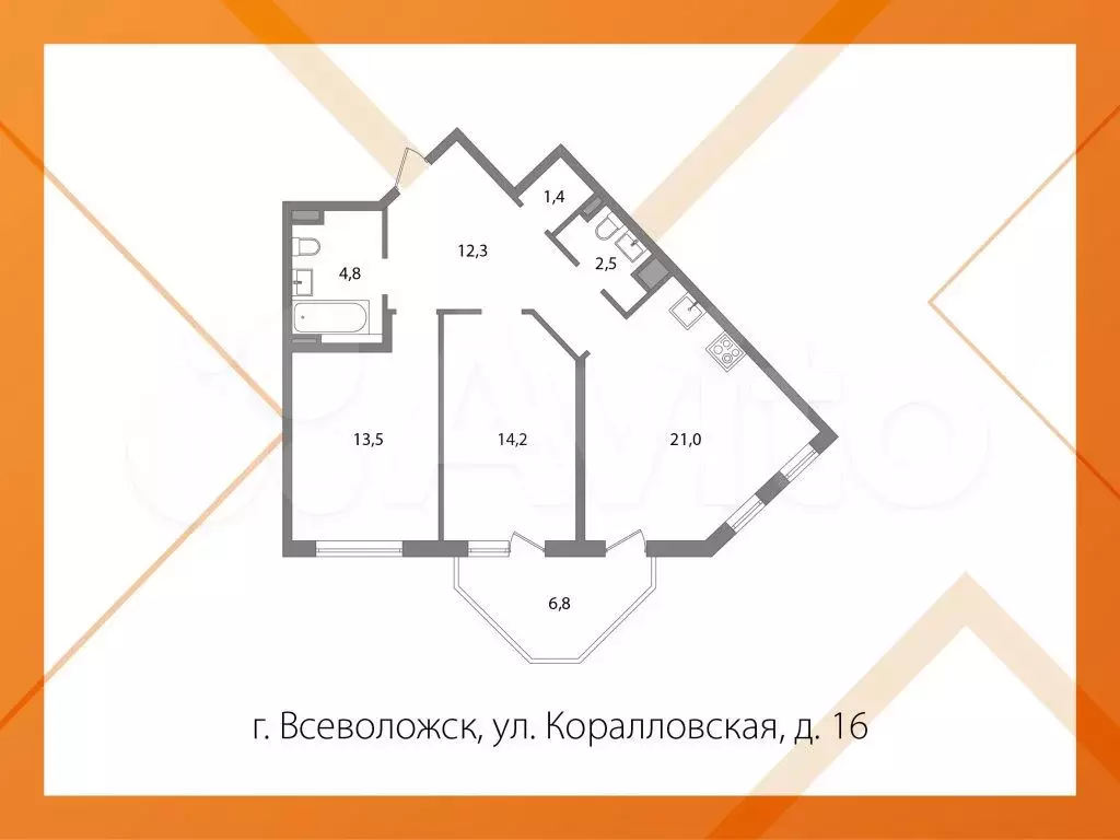 2-к. квартира, 70,9 м, 4/6 эт. - Фото 0