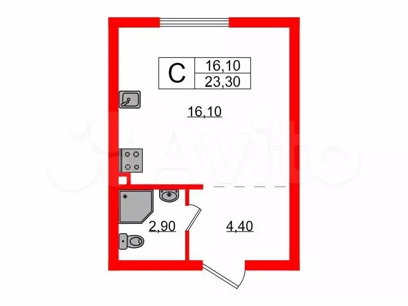 Квартира-студия, 23,3 м, 4/4 эт. - Фото 0