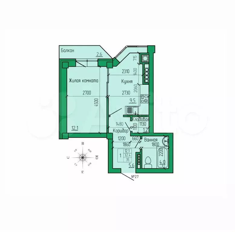 1-к. квартира, 35 м, 4/4 эт. - Фото 1