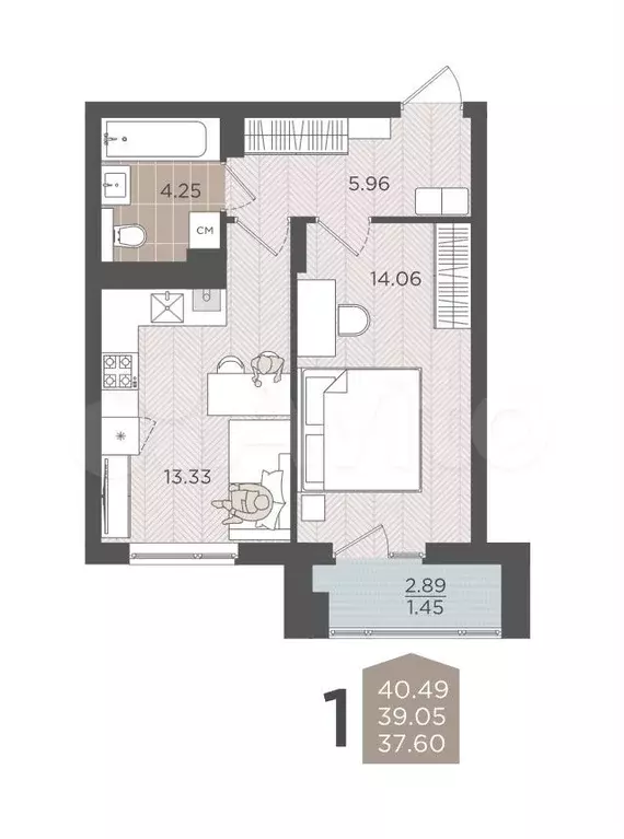1-к. квартира, 39,1 м, 2/9 эт. - Фото 1
