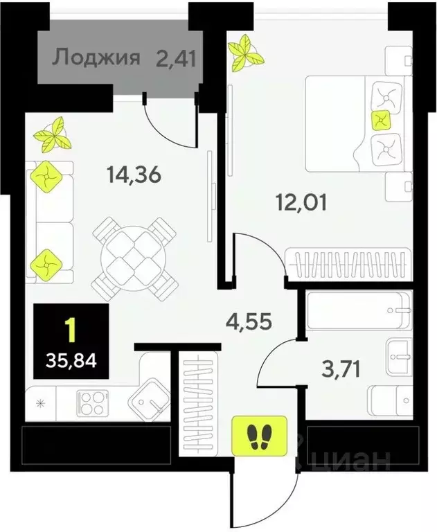 1-к кв. Тюменская область, Тюмень ул. Андрея Приказнова, 1 (35.84 м) - Фото 0