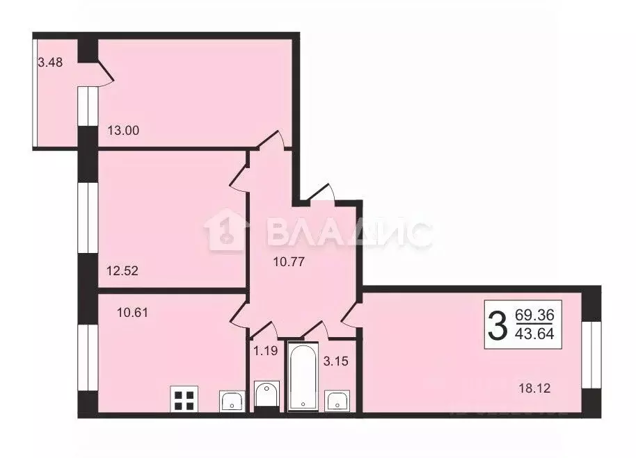 3-к кв. Санкт-Петербург Мебельная ул., 19К2 (69.36 м) - Фото 2