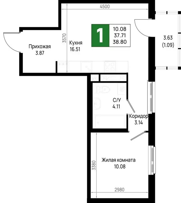 1-комнатная квартира: Новосаратовка, ЖК Имена (38.8 м) - Фото 1