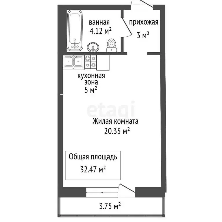 Квартира-студия: Новосибирск, улица Виктора Шевелёва, 30 (32.47 м) - Фото 1