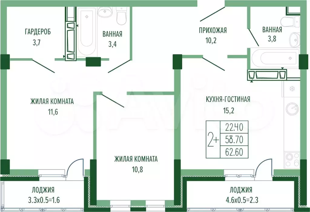 2-к. квартира, 62,6 м, 3/4 эт. - Фото 0