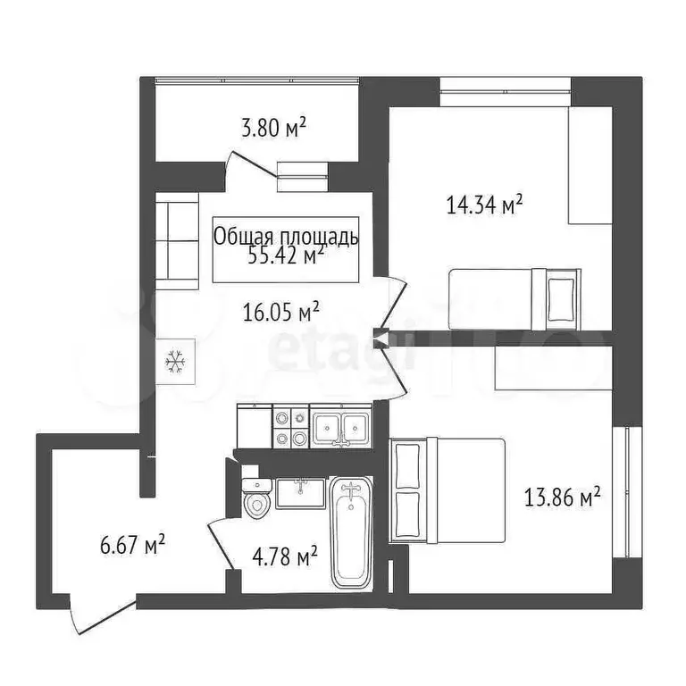 2-к. квартира, 60 м, 15/25 эт. - Фото 0