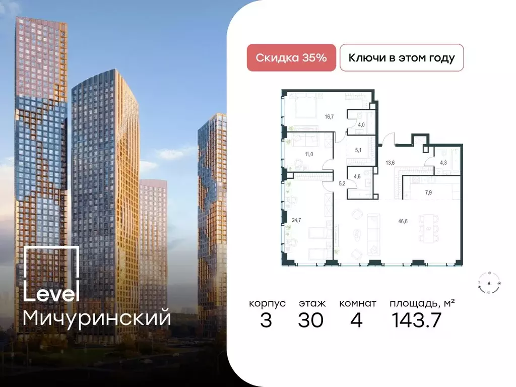 4-к кв. Москва Левел Мичуринский жилой комплекс, к3 (143.7 м) - Фото 0