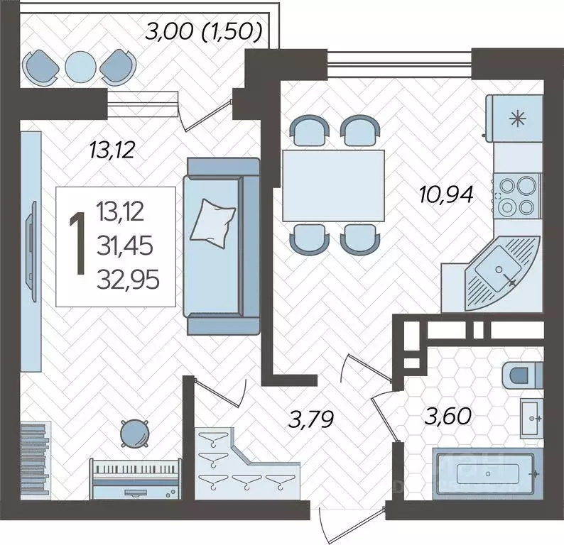 Квартира, 1 комната, 32.95 м - Фото 0