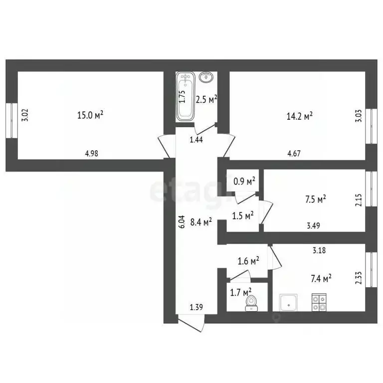 3-к кв. Калининградская область, Гусев Железнодорожная ул., 25 (60.7 ... - Фото 2