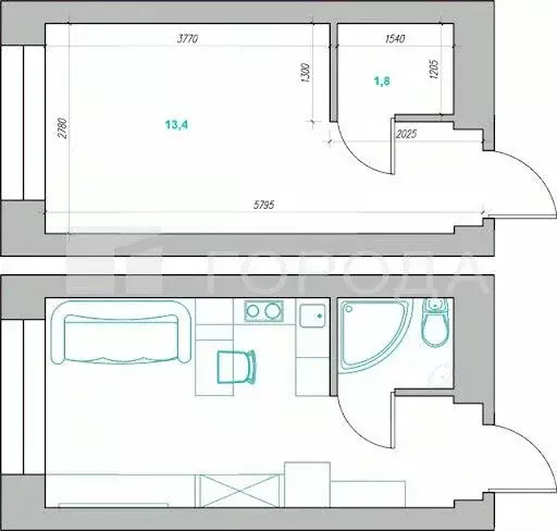 Студия Алтайский край, Барнаул ул. 4-я Западная, 78/12 (16.7 м) - Фото 2