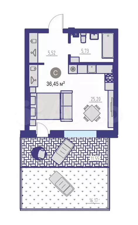 Квартира-студия, 36,5 м, 1/4 эт. - Фото 1