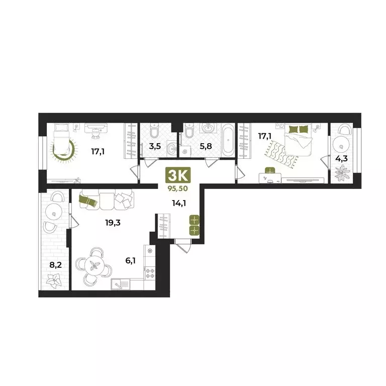 3-комнатная квартира: Тюмень, улица Евгения Войнова, 7 (95.3 м) - Фото 1