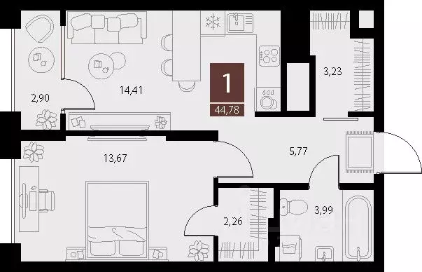 1-к кв. Рязанская область, Рязань ул. Бирюзова, 20с1 (44.78 м) - Фото 1